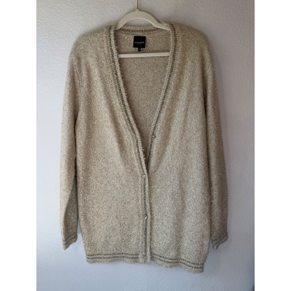 Le Superbe Gold Metallic Cashmere Blend V-Neck Cardigan Sweater Medium Luxury - Picture 3 of 10